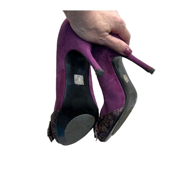BAKERS Purple Suede Peep-Toe Heel Size 8.5 Paisley Bow & 4" Stiletto Heel - Picture 7 of 8